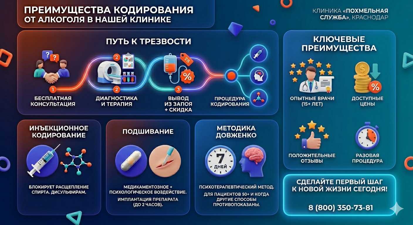 Инфографика о методах кодирования от алкоголя в Нариманове: инъекции, подшивание, метод Довженко. Преимущества клиники и этапы лечения.